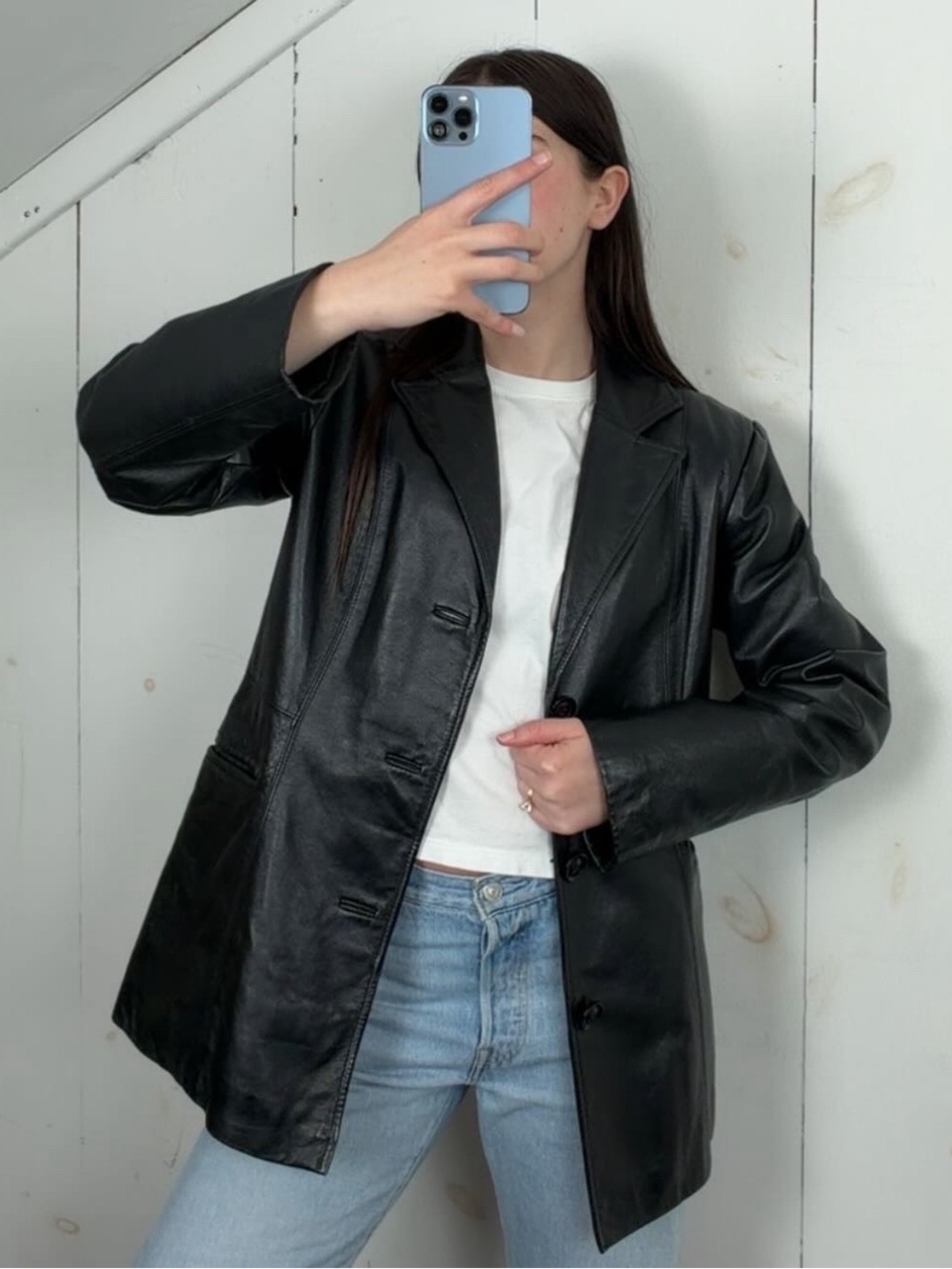 Winlit Black Genuine Leather Button Front Blazer Jacket Women’s M Lightweight